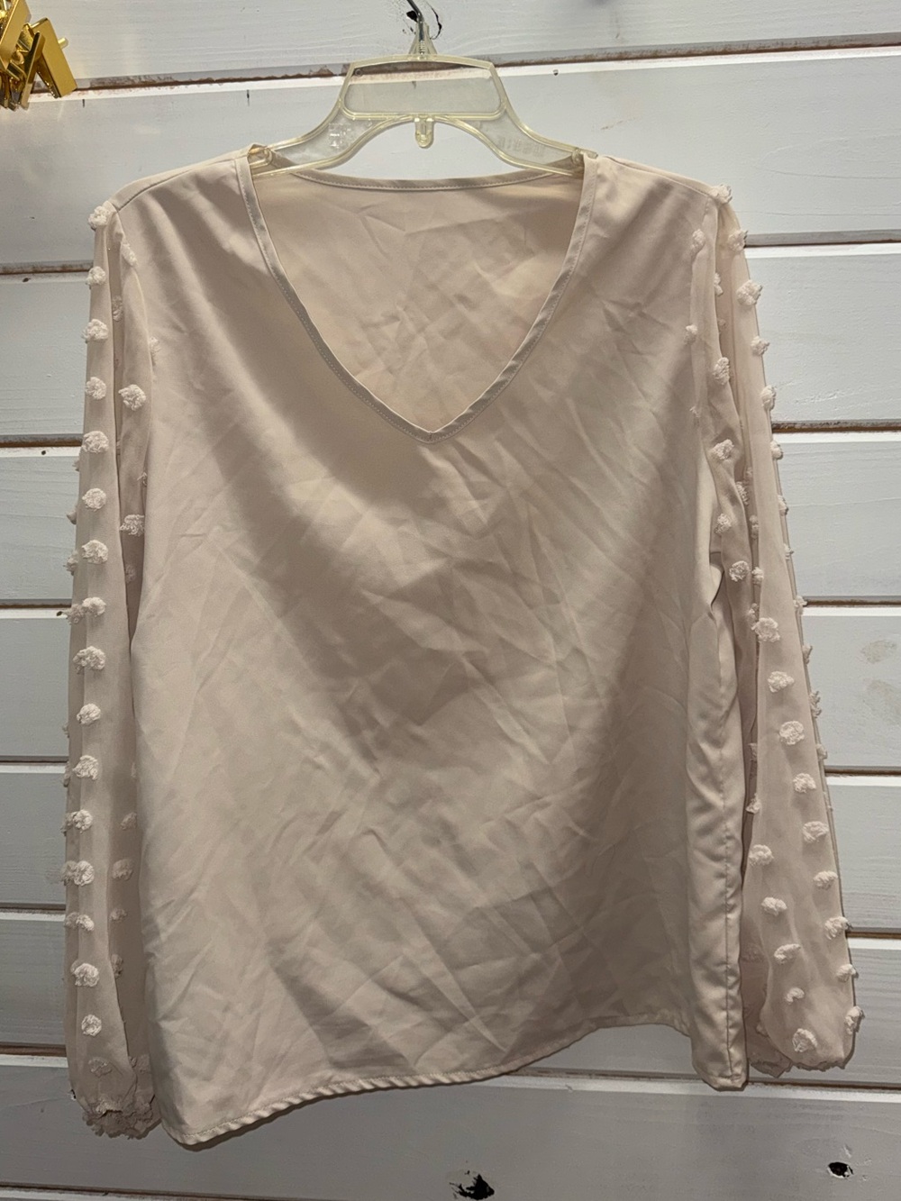 SHEIN Cream V-Neck Long Sleeve Pom-Pom Detail Blouse